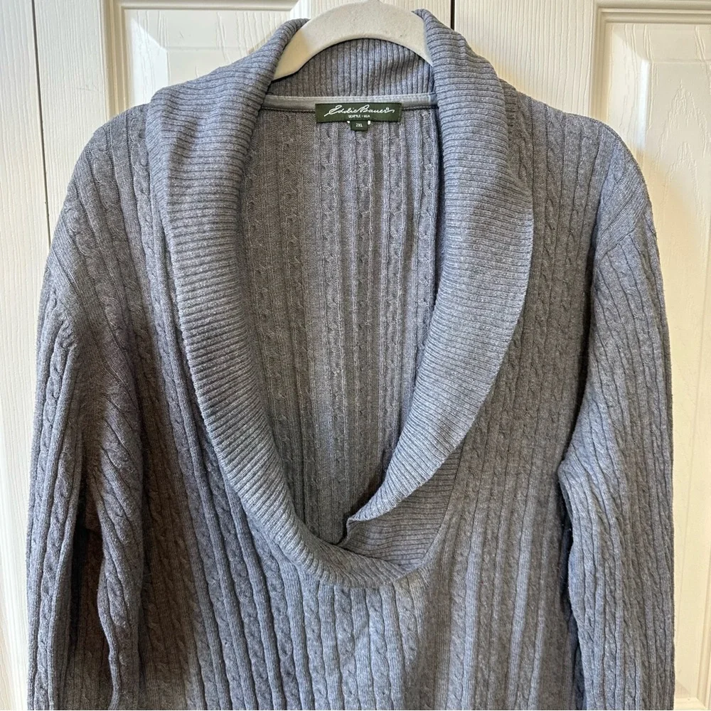 Eddie Bauer Women’s Size 2XL Cable Knit Shawl V Neck Pullover Sweater Grey